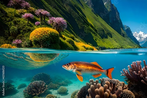 fish swimming in sea near a mountains generated ai
