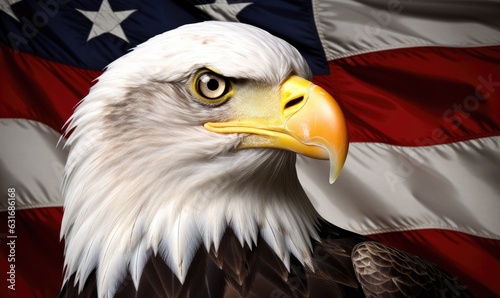 Photo of a majestic bald eagle with the American flag proudly displayed in the background