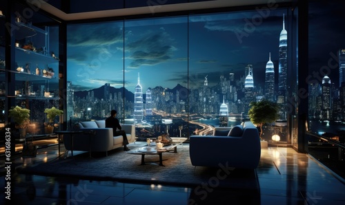 Photo of a cozy living room with a mesmerizing cityscape view at night