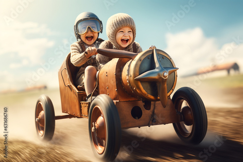 zwei fröhlich lachende Kinder starten im Flieger durch Fototapet