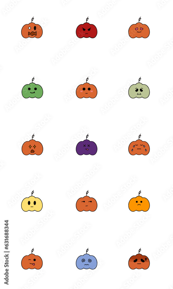 Cartoon Halloween icon set vector. pumpkin show different faces and emotions such as love, angry, surprise, happy, sad, thoughtful, excited, stick out tongue in white background. Vector illustration.
