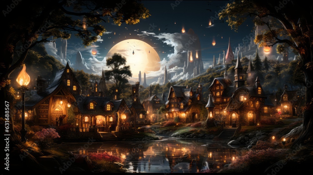 Fairytale houses light up on the river bank at night, the big moon is visible in the background