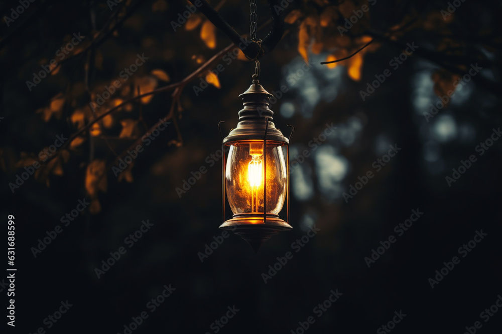shot of a lamp hanging on a wire on a dark blurry background, aesthetic look