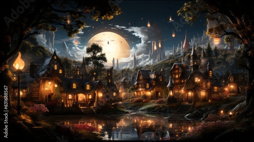 Fairytale houses light up on the river bank at night, the big moon is visible in the background