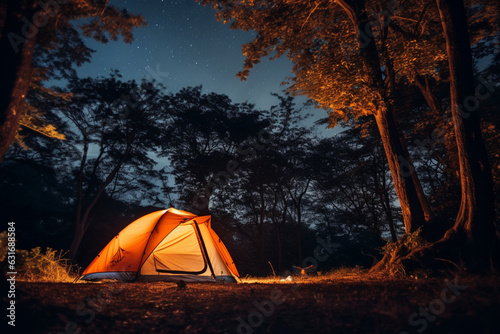 shot of a camping tent near trees during night time, aesthetic look