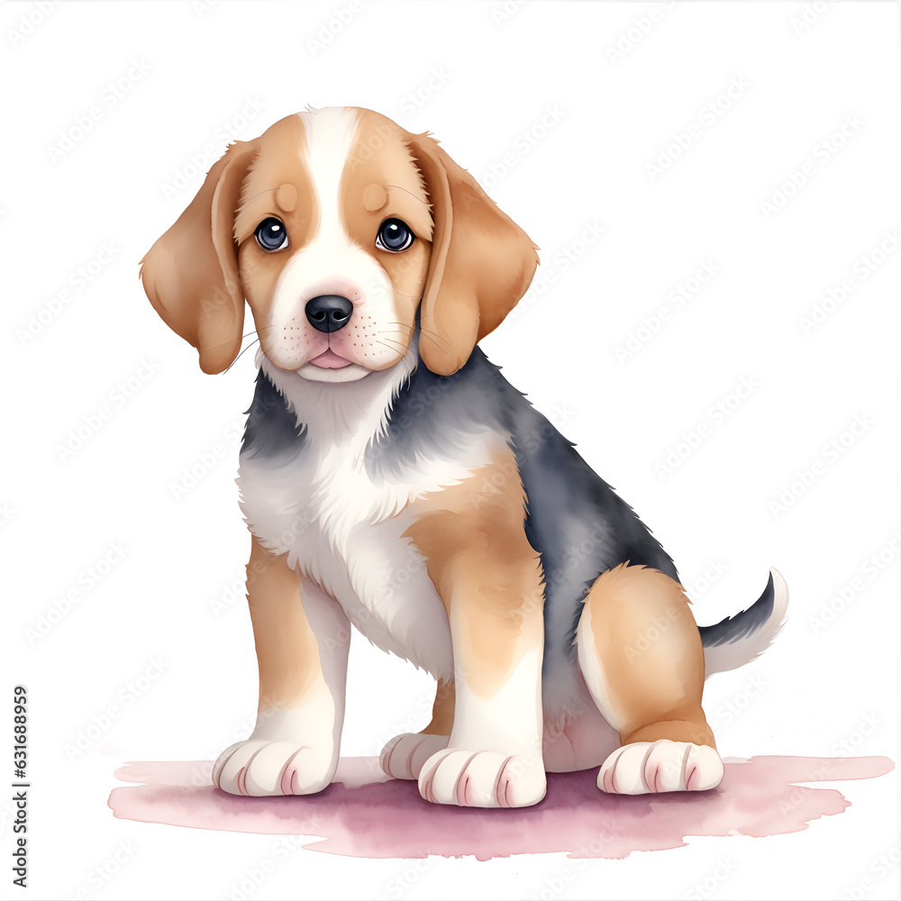 Puppy in cartoon style. Cute Little Cartoon Puppy isolated on white background. Watercolor drawing, hand-drawn Beagle in watercolor. For children's books, for cards, Children's illustration