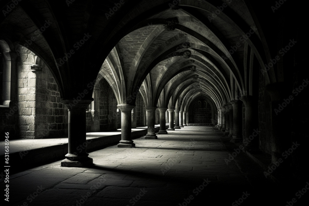 shot of hallway in black and white at the crypt at fountains abbey, aesthetic look - obrazy, fototapety, plakaty 