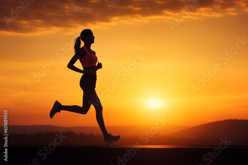 Silhouette athlete runner running in sunset  soft light photography