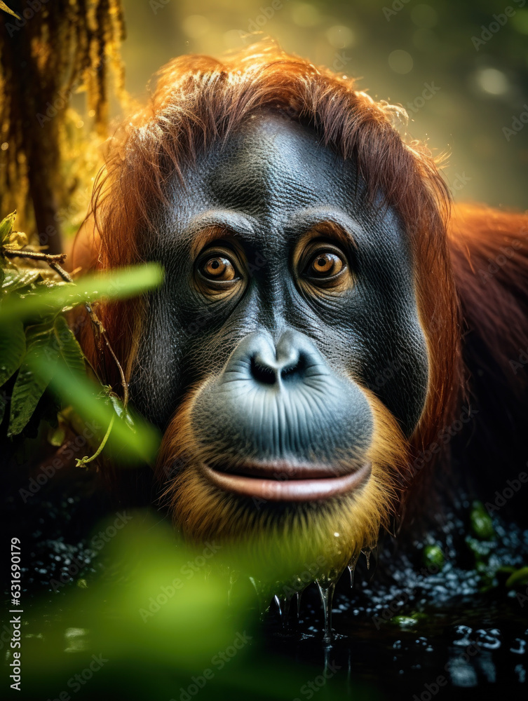 Obraz premium Orangutan in its Natural Habitat, Wildlife Photography, Generative AI
