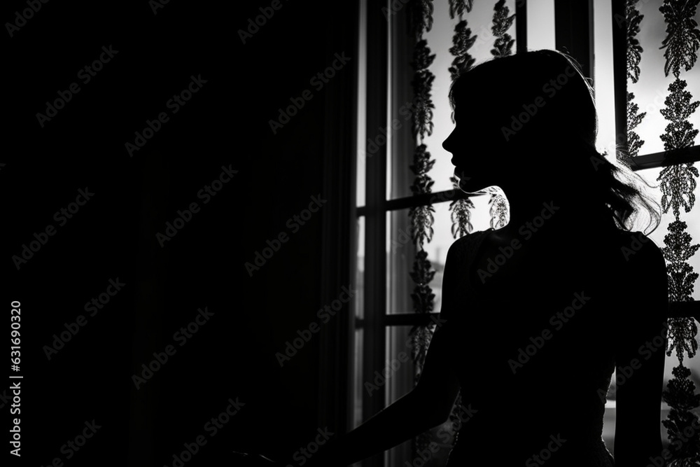 Silhouette of a girl in front of a window, black and white art photography monochrome, aesthetic look