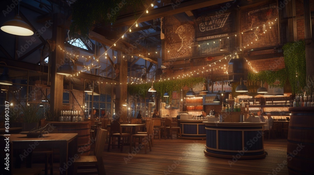 Brewer yrestaurant with string lights and sign.Generative AI