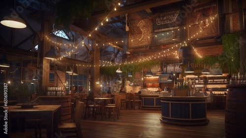 Brewer yrestaurant with string lights and sign.Generative AI
