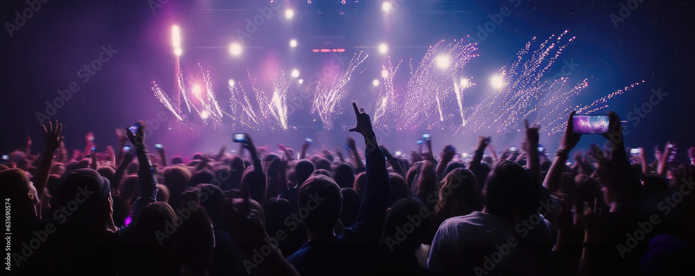 A crowd of people at a live event, concert or party holding hands and smartphones up . Audience, crowd, of a live event venue with bright lights. Blurred motion. Hand edited Generative AI.