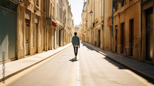 Wallpaper Mural A woman walking down an empty street in a stockpot. Generative AI Torontodigital.ca