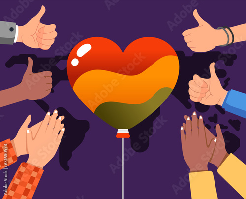 Black lives matter campaign poster illustration, hands with different skin color and clothes with hearts on center