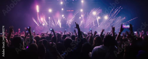 A crowd of people at a live event, concert or party holding hands and smartphones up . Audience, crowd, of a live event venue with bright lights. Blurred motion. Hand edited Generative AI. photo
