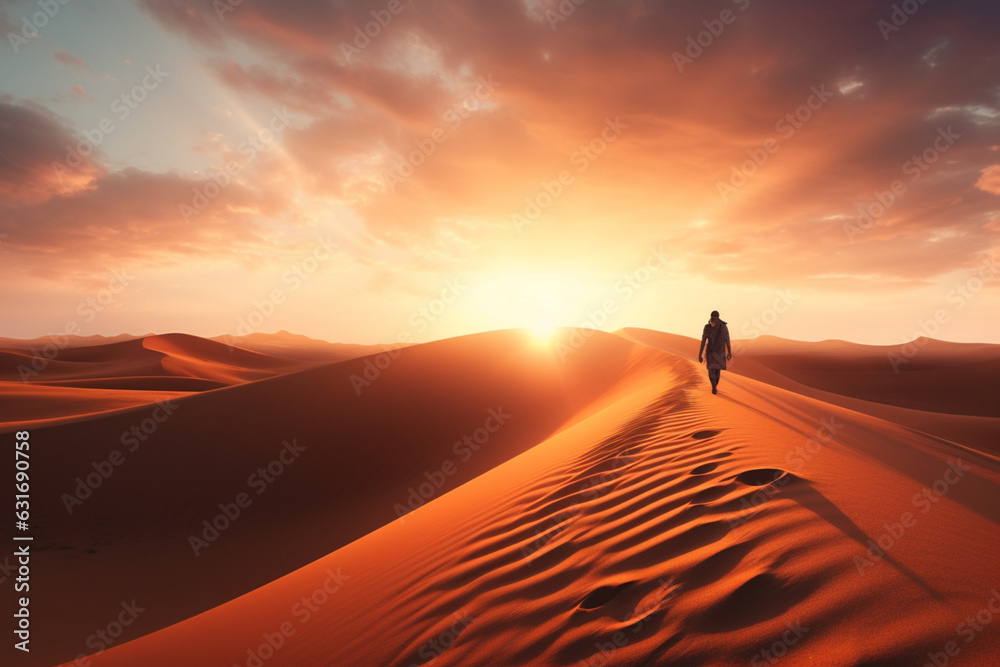 Silhouette of a man walking on the top of the big dune enjoying the dramatic bright desert sunset, aesthetic look - obrazy, fototapety, plakaty 