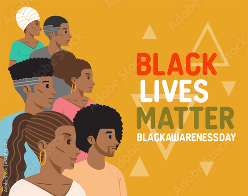 Group of people man and woman Black lives matter campaign poster banner support people gain equal rights, human unity of different races, Stop racism