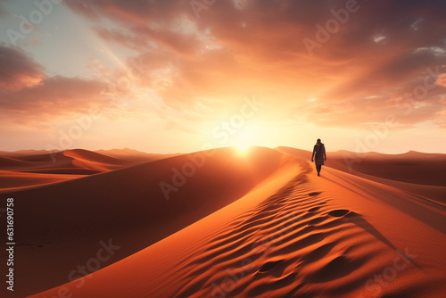 Silhouette of a man walking on the top of the big dune enjoying the dramatic bright desert sunset  aesthetic look