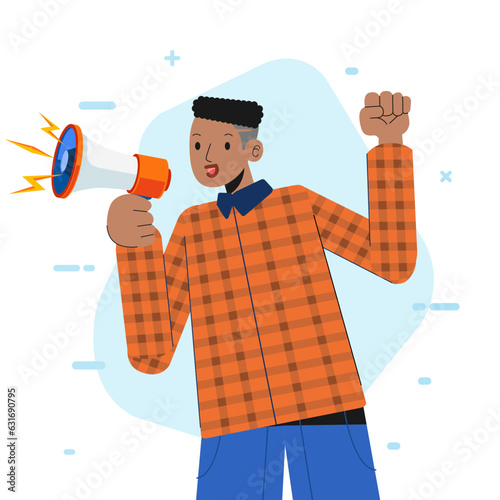 Portrait man with a megaphone a protest. Black lives matter protester. Standing up for and defending rights and freedoms No Racism Concept.Fight for Rights