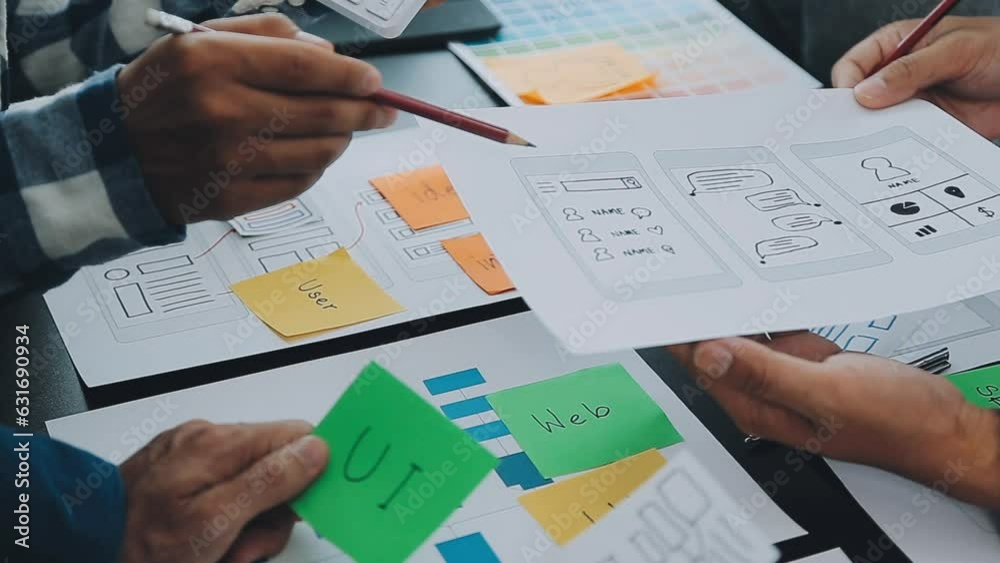 ux Graphic designer creative sketch planning application process development prototype wireframe for web mobile phone . User experience concept.