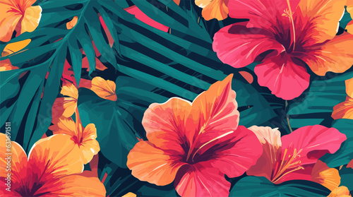 Getaway to Tropical Paradise with vibrant vector pattern: hibiscus flowers and palm leaves. Ideal for travel, decor, fashion, and more. Editable-Customizable.