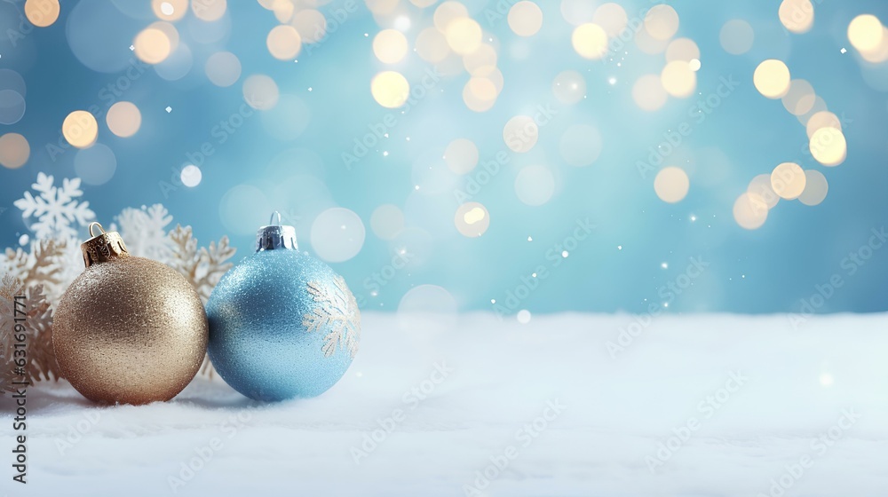 Winter background with Christmas toys in snow, snowflakes, with beautiful light and bokeh on blue sky in evening, copy space. Christmas decoration. generative AI Winter background with Christmas toys in snow, snowflakes, with beautiful light and bokeh on blue sky in evening, copy space. Christmas decoration. generative AI