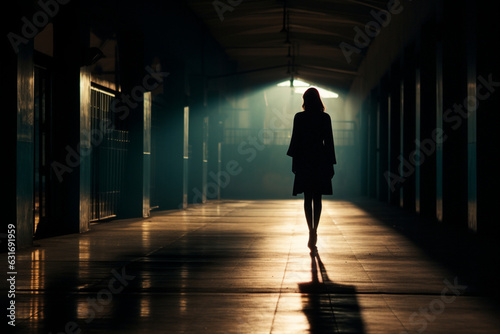 Silhouette of a woman Walking toward corridor light  aesthetic look
