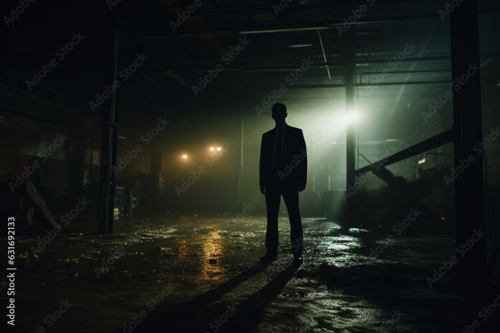 Silhouette of an FBI agent at the crime scene in abandoned warehouse, we see him in a poorly lit room, aesthetic look