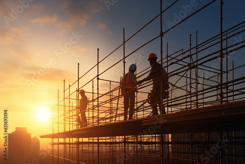 Silhouette of engineer and construction team working safely work load concrete on scaffolding on high rise building, over blurred background sunset pastel for industry background with Light fair