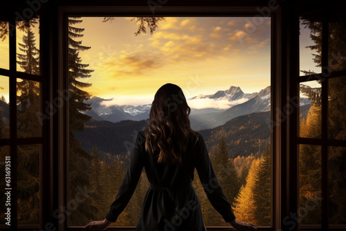 Silhouette of female looking out of window at the scenic mountain peaks and the pine forest during fall time, aesthetic look