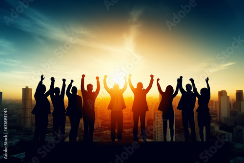 Silhouette of happy teamwork hold hands up as a business successful, victory, Business goal achievement, hit company target