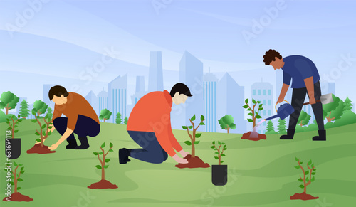 Reforestation with planting tree seeds, Environmental activists plant tree seedlings in country side forest area, reforestation concept vector illustration photo