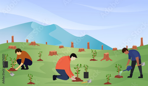 Reforestation vector illustration, Activist and volunteer doing reforestation, Earth day website concept