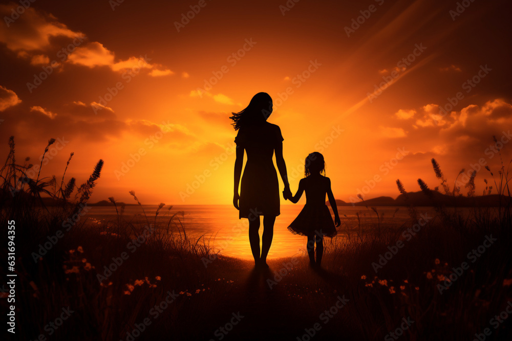 Silhouette of mother and daughter holding hands at sunset