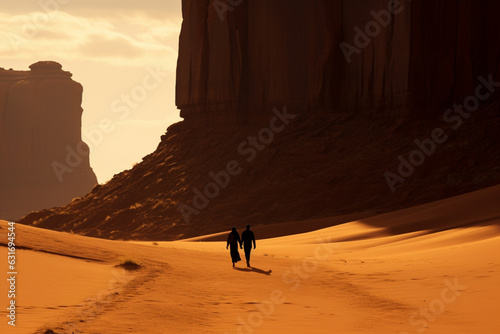 Silhouette of Navajo man and his wife walking on the sand dunes in Monument Valley, aesthetic look