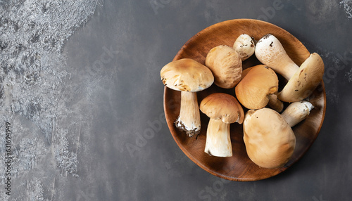 porcini mushrooms (cep) in a wooden plate on a dark concrete countertop, top view