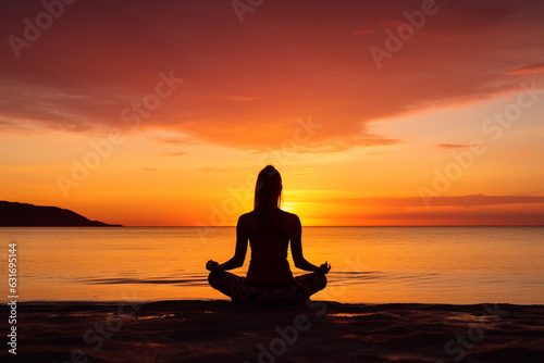 Silhouette of unknown unrecognizable woman sitting on beach sea water practicing yoga and meditation looking to the sun on the horizon with an amazing beautiful orange sunset sky