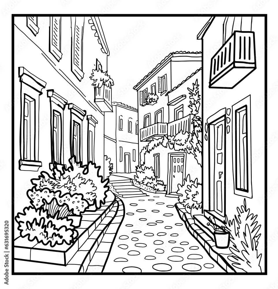 Coloring book . Lovely cozy old seaside street . Vector art line background.