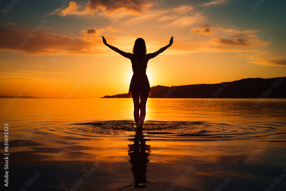 Silhouette of unknown unrecognizable woman standing on beach sea water practicing yoga and meditation looking to the sun