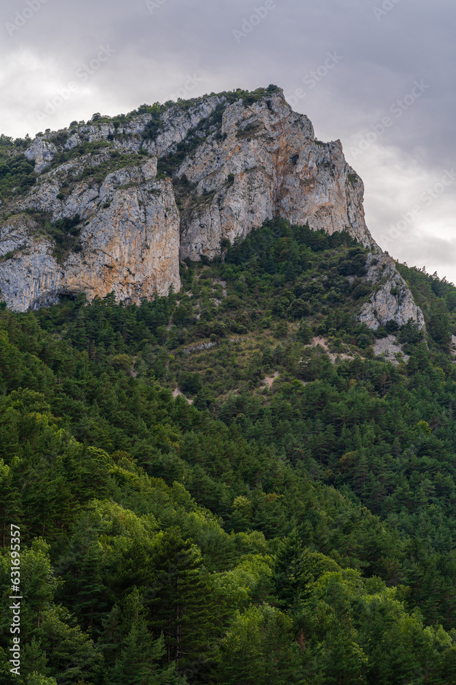 Scenic vertical landscape view of rocky mountain ridge and forest in the Pyrenees range, Gincla, Aude, France