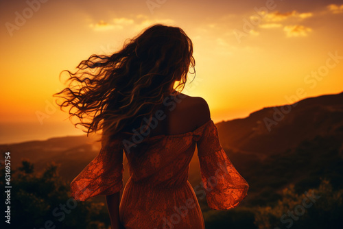Silhouette of woman tourist with long hair feeling freedom and happiness looking at the bright colorful orange summer landscape, aesthetic look © alisaaa