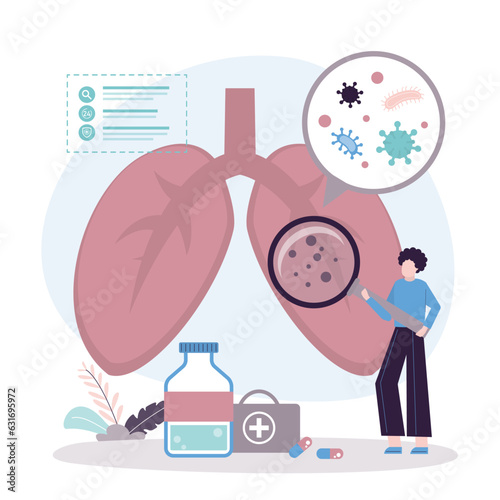 Woman makes check of lungs and respiratory system. Search for harmful bacteria, germs and pathogens. Female doctor pulmonologist or nurse holds magnifying glass and examines lungs.