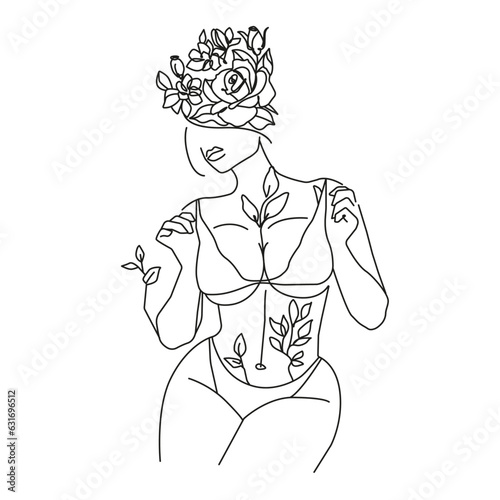 Woman with Flowers Line Art Drawing. Fashion Female Portrait Minimalist Style. Woman with Flowers Drawing for Cosmetics. Continuous Line Art Fashion Minimal Print. Beauty Logo. Vector EPS 10