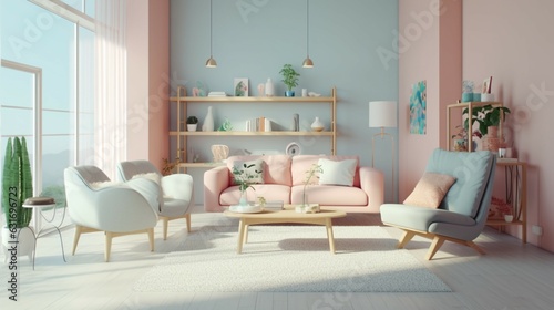 Interior of pastel tone light modern living room with.Generative AI