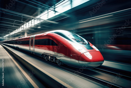 A rushing modern high-speed train on a blurred background