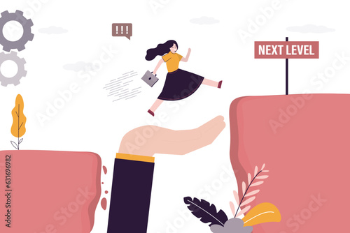 Career ladder, mentor hand helps employee gets promotion at work. Businesswoman jumping over abyss to next level. Improving working conditions. Skills improvement, mentorship,