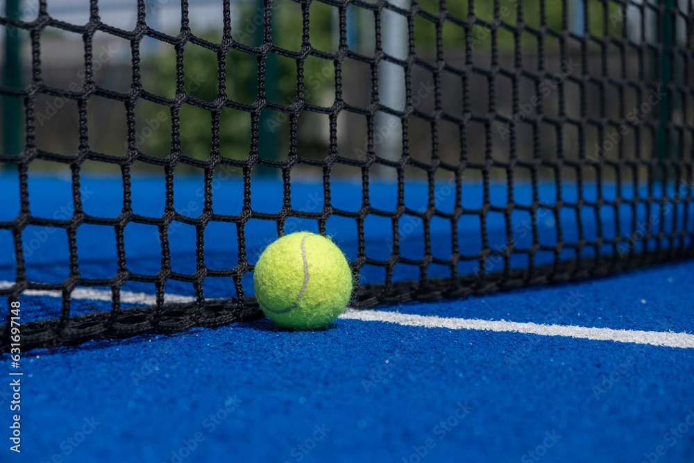 Close-up of a tennis ball next to the white line of a paddle court