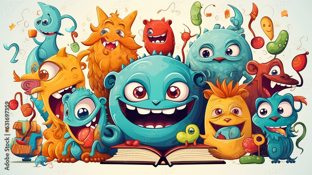 AI generated, vector illustration. Group of funny happy characters or monsters on a wooden desk. Back to school theme. Multi colored illustration. Books and pencils. Education. AI generated, vector illustration. Group of funny happy characters or monsters on a wooden desk. Back to school theme. Multi colored illustration. Books and pencils. Education.