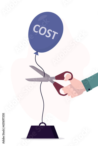 Business efficiency. Reduce costs involved. Big hand of businessman uses scissors and cut unnecessary costs. Cut or eliminate factors that can increase costs that must be incurred.